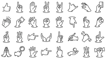 Hand gestures icons collection sign language communication. © GW