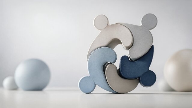 Abstract teamwork concept featuring interlocking geometric shapes in a minimalist composition with soft lighting.