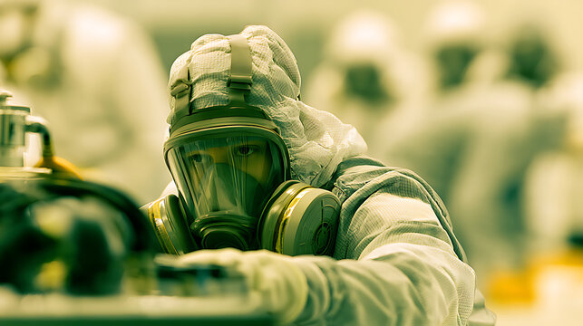 A worker wearing a gas mask and protective suit inspects equipment in a cleanroom. Others in similar gear are present in the background, engaged in various tasks related to safety. 