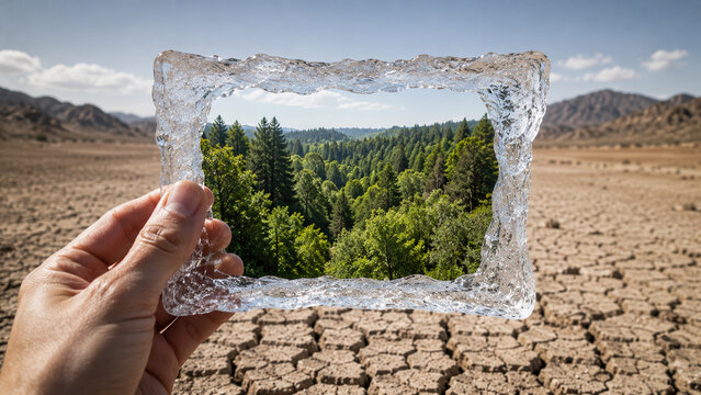 Ice Frame Held Over a Forest and Cracked Earth Landscape
