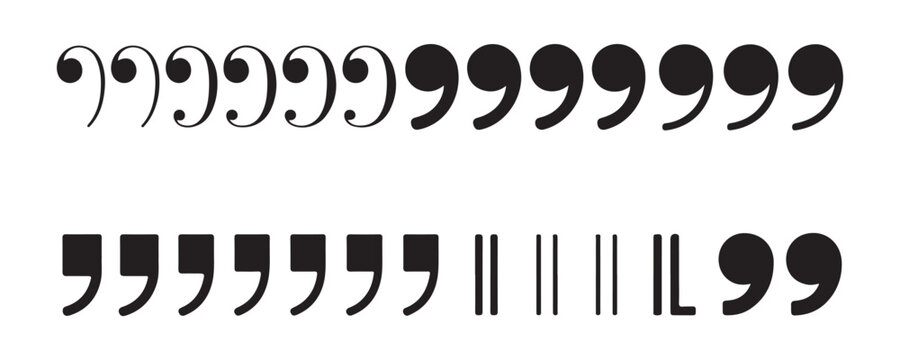 Diverse collection of quotation marks and punctuation symbols in black on transparent background.