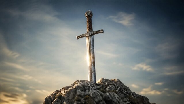 longsword. A weathered longsword plunged into a craggy rock, sunlight glinting. event programs, museum guides, designed for cultural heritage projects and event programs.