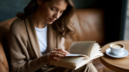Obraz premium Calm woman reading book in cafe cozy coffee shop warm light soft focus peaceful mood brown cardigan comfortable sofa indoor lifestyle quiet moment morning routine