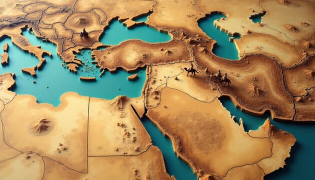 Caravan travels across a stylized desert map of the Middle East and Mediterranean. People ride camels along ancient trade routes, illustrating historical journeys and exploration.