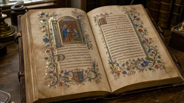 codex. An open medieval codex on a wooden desk, illuminated manuscript with floral borders and gold leaf. event programs, museum guides, designed for cultural heritage projects and event programs.