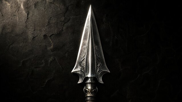 spearhead. An ornate metallic spearhead against a dark stone background. event programs, museum guides, designed for cultural heritage projects and event programs, used by creative directors.