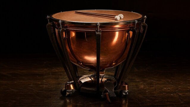 timpani. Polished copper timpani drum on dark stage with warm spotlight reflection. tutorial guides, club newsletters, designed for tourism and weekend activity guides, used by ngo communicators.