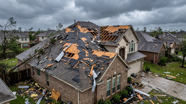 Residential house with severe roof damage after a hurricane or tornado storm with debris scattered in the yard