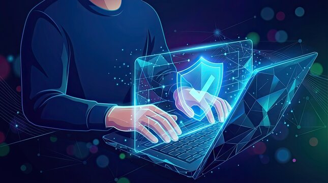 Cybersecurity Concept - Person Using Laptop with Digital Shield Icon.