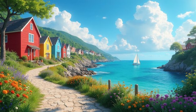 Colorful houses line a cliffside path overlooking a bright blue ocean bay with a sailboat. Lush green hills rise behind the coastal village.