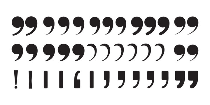 Set of black quote marks and speech punctuation isolated on transparent background.