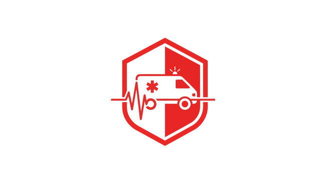 Emergency Medical Services Shield Emblem Featuring Ambulance and Vital Sign Symbol