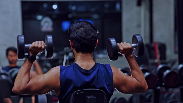 Focused fit muscular man lifting heavy dumbbell overhead in gym during intense shoulder press workout session building strong back muscle for dedicated active health and training lifestyle