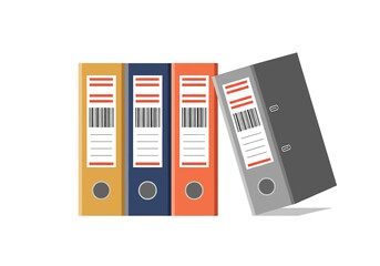 A vector illustration of four office ring binders, three standing upright and one leaning, featuring labels and barcodes, isolated on white background. © Mamun