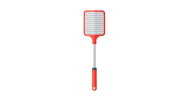 Red handled fly swatter with fine mesh head.