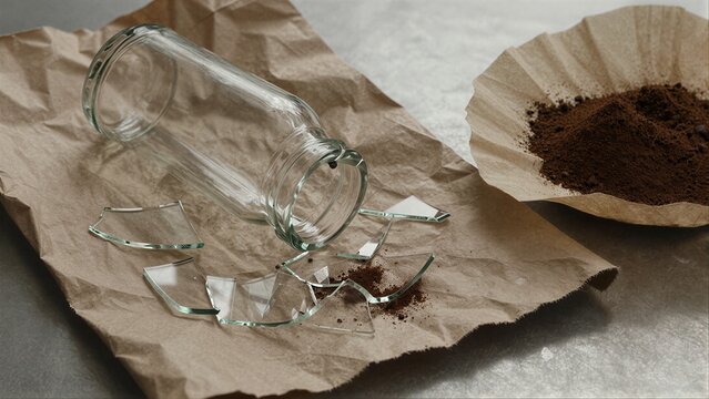 Broken glass jar spills coffee grounds on brown paper symbolizing