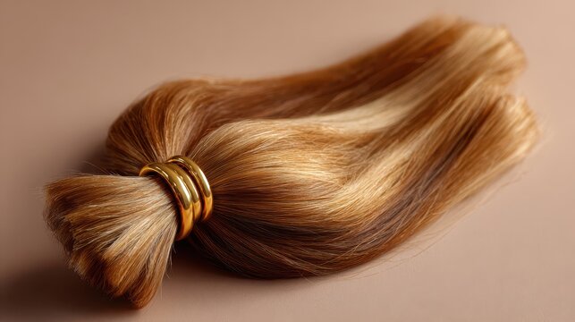 A bundle of shiny blonde and light brown synthetic hair extensions for cosmetology tied together with decorative gold rings on a plain background.