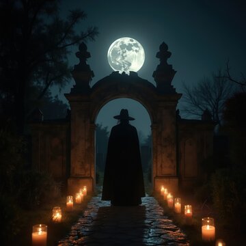Mysterious figure in black cloak and hat stands under stone archway at cemetery at night. Full moon shines above, illuminating path lined with lit candles. Atmosphere is eerie and spiritual.