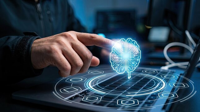 Futuristic AI Brain Interface with Human Finger Interaction.