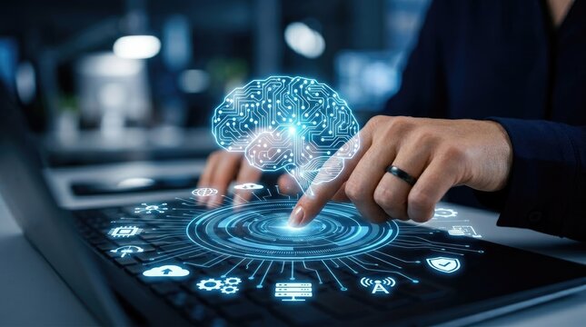 Artificial Intelligence Brain Interface with Futuristic Technology and Digital Network.