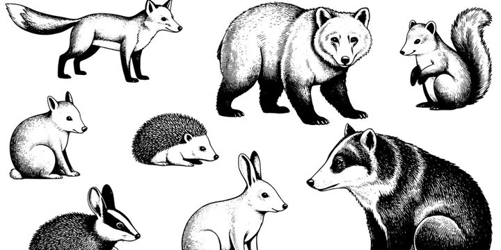 Animals wild set with detailed illustrations of various creatures featuring wildlife, nature, fox with badger and squirrel elements for hedgehog,