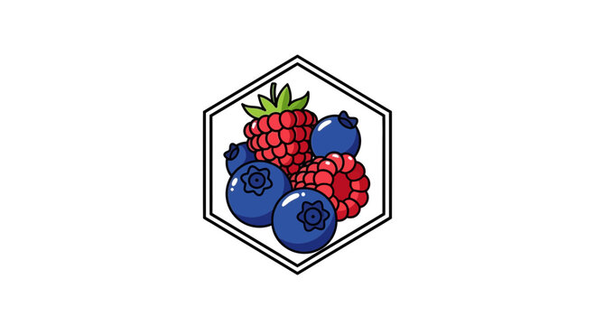 Fresh Berry Illustration Featuring Blueberries And Raspberries Inside Geometric Hexagon Frame