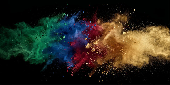 Colorful powder explodes in a dynamic cloud formation against a stark black background, creating a vibrant and abstract visual spectacle.
