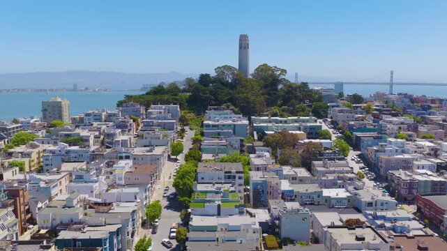 San Francisco Telegraph Hill Aerial Pullback With Coit Tower and Bay 01