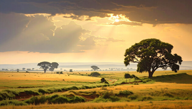 Sunset over the grassy Serengeti landscape in Tanzania with trees, clouds, and golden sky
