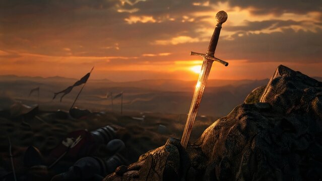 longsword. Medieval longsword in rocky crevice at sunset, blade reflecting warm light. inspiring travel planning, lifestyle magazines, designed for influencer and brand collaborations.