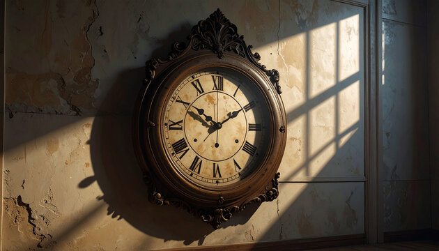 old vintage wall clock on building in old town street city, antique clock tower, blue sky, retro hands showing time in London style