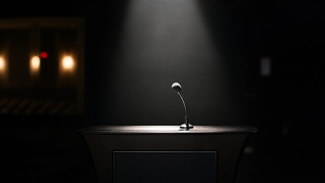 lectern. A sleek modern lectern with a microphone under a spotlight on a dark stage. real-estate listings, architecture portfolios, designed for real-estate listing and luxury residence showcases.
