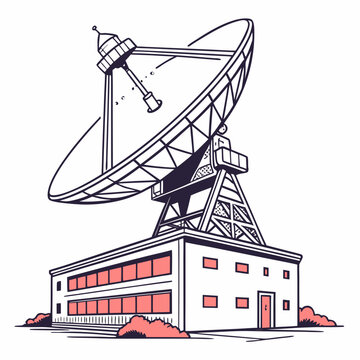 Radio telescope and building vector illustration featuring a white structure with a large parabolic antenna astronomy