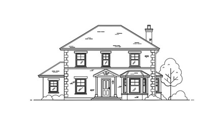 Fototapeta premium Architectural drawing of a detached twostory house with a hip roof and chimney