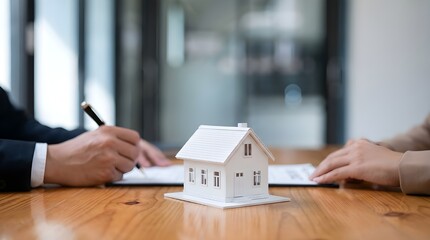 Fototapeta premium Miniature house model on wooden table during real estate transaction