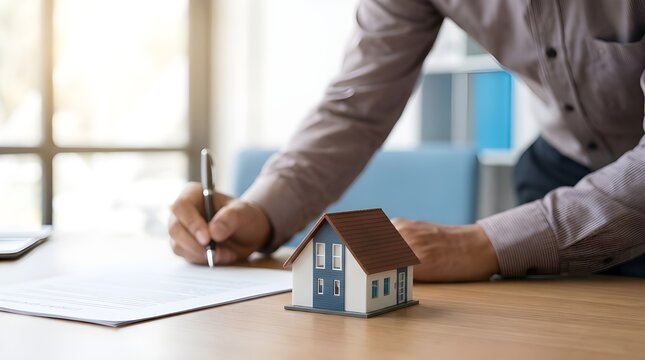 Real estate agent signing contract with miniature house model present