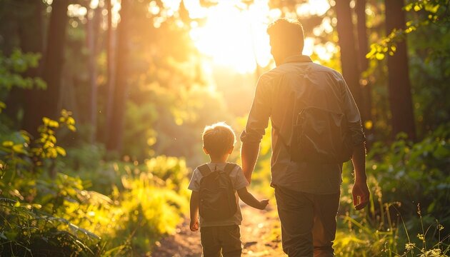 夕暮れの森の小道を手をつないで歩く父と子の後ろ姿