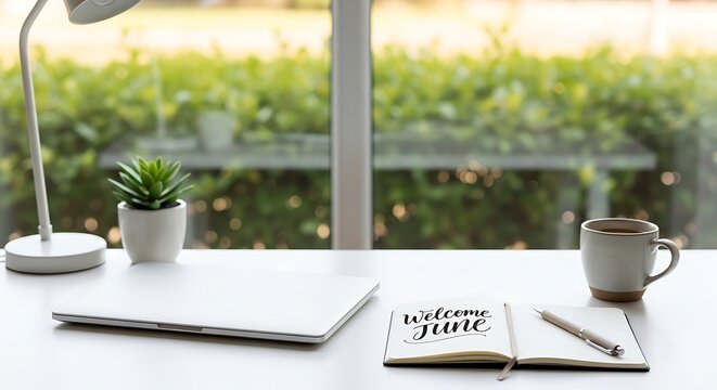 Open notebook with inspirational quote on wooden desk near window with morning light