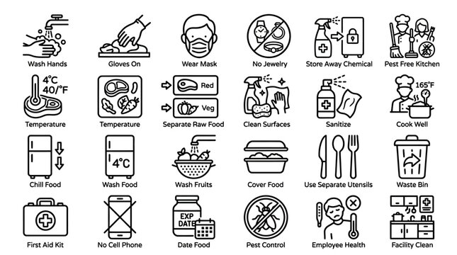 Food Safety Icons: Hygiene, Preparation, and Health Guidelines for Kitchen and Restaurant