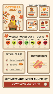 Autumn vibes bento grid infographic. Business and lifestyle vector layout with cozy fall elements, statistics, weather widgets, leaves, coffee, and sales trends icons.