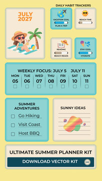 Summer vibes bento grid infographic. Business and lifestyle vector layout with warm beach elements, statistics, weather widgets, sun, tourism, and travel trends icons.