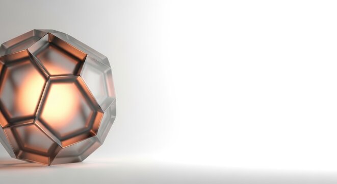 Metallic 3D dodecahedron with reflective copper and silver surfaces on white background ideal for technology and design concepts