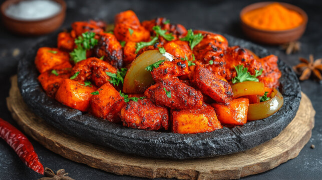 Spicy paneer tikka skewers with bell peppers and onions indian food restaurant