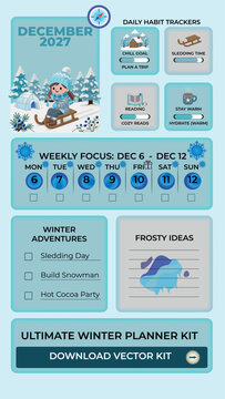 Winter vibes bento grid infographic. Business and lifestyle vector layout with cozy holiday elements, statistics, weather widgets, snow, christmas, and sales trends icons.