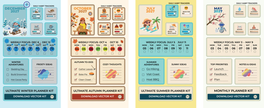 Four seasons bento grid infographics bundle. Modern vector layout set for winter, spring, summer, and autumn with weather widgets, seasonal lifestyle elements, and business charts.