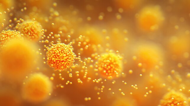 Close up yellow pollen clusters floating in clinical microscopic view, golden grains suspended against soft bokeh, warm palette and fine texture suggesting allergy triggers and immunology research