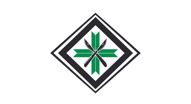 Geometric Emblem With Crossed Knives And Green Cross Inside a Diamond Shape