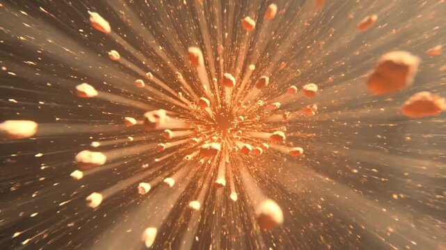 Asteroids flying from a bright cosmic explosion in a cinematic style on a dark space background, concept of cosmic impact