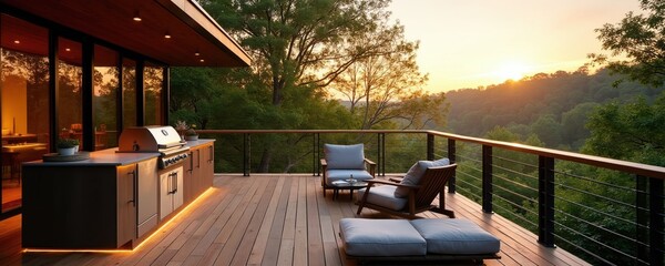 Fototapeta premium Modern wooden deck with outdoor kitchen and seating area overlooking forest hills at sunset. Luxury home exterior with integrated grill and ambient lighting.