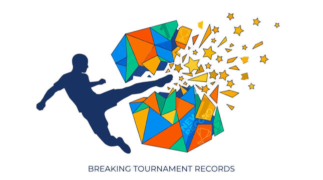 Silhouette of a soccer player kicking a geometric cube that shatters into stars and trophies symbolizing breaking tournament records
